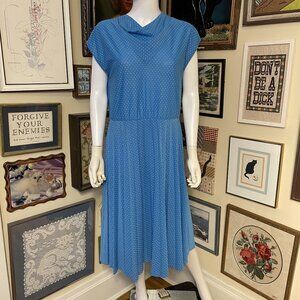 80s Vintage C&A Blue Polka Dot Cap Sleeve Cowl Neckline Pleated Dress Size 44